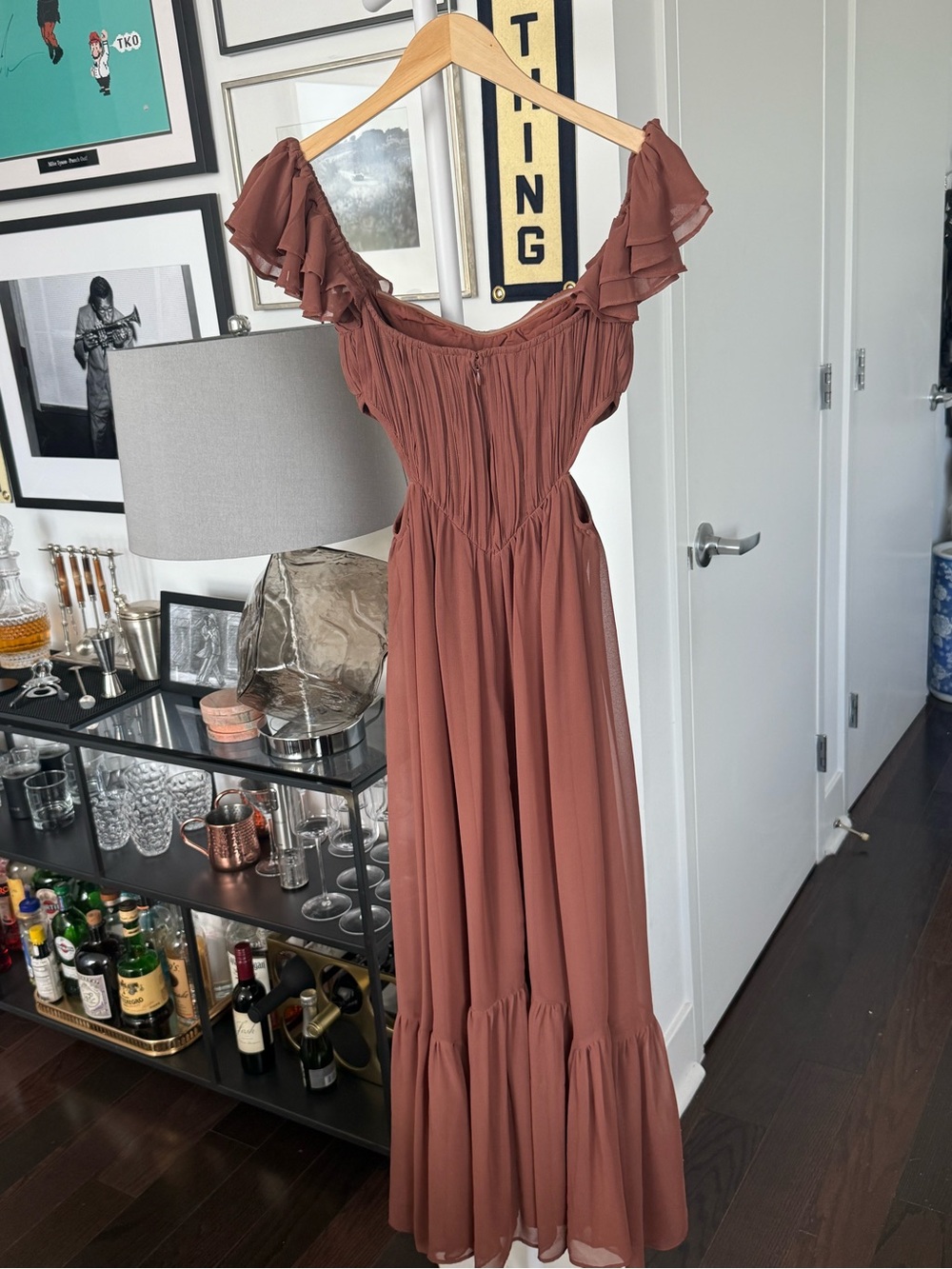 Ruffled Corset Cutout Maxi Gown in Mocha - Picture 5 of 8